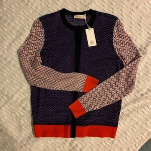 Tory Burch 100% soft merino new wool print cardigan crew neck button front top.